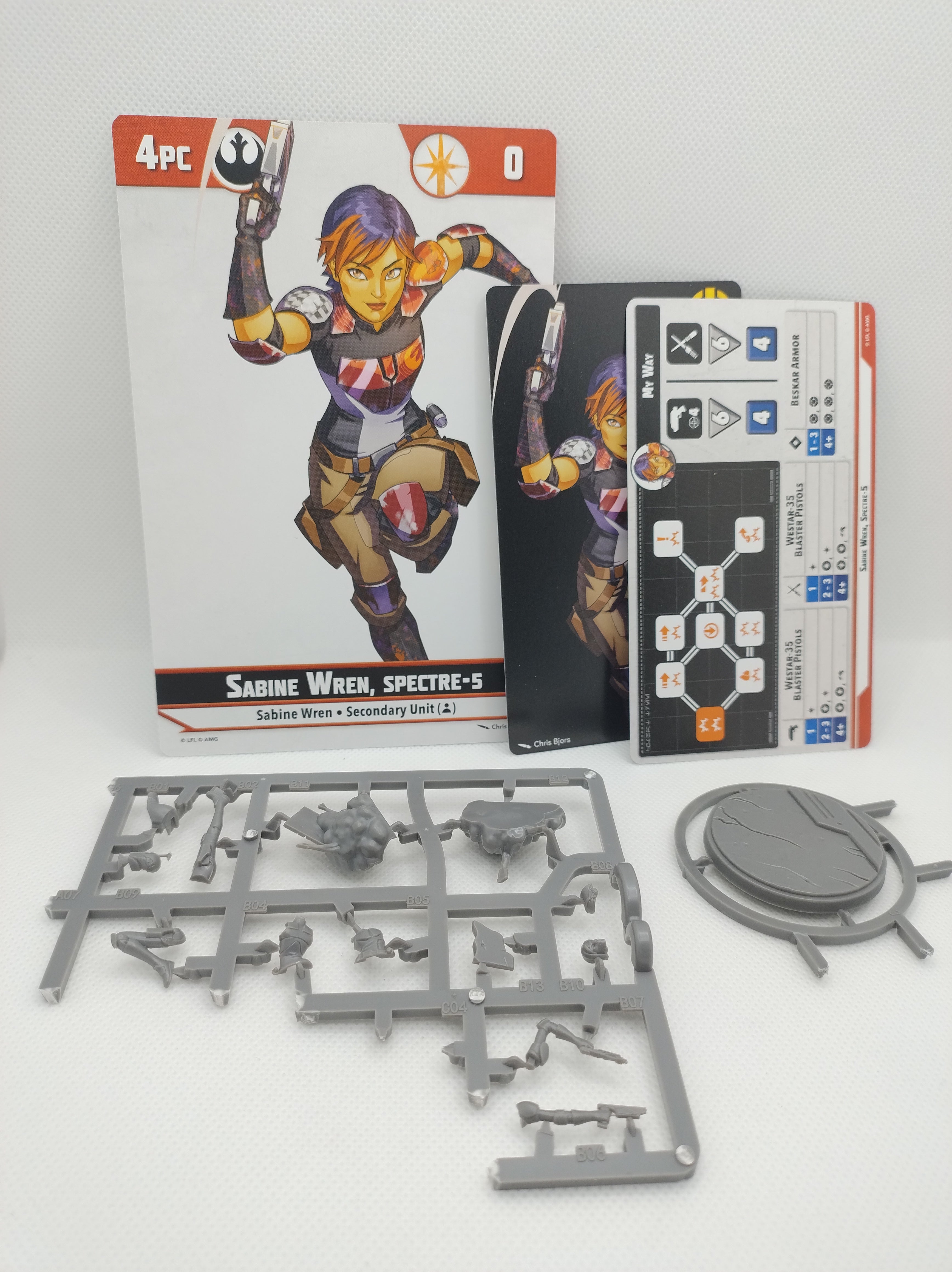 Sabine Wren on sprue with cards for Star Wars Shatterpoint