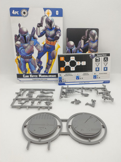 Two bases of Clan Kryze Mandalorians on sprue with cards for Star Wars Shatterpoint